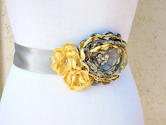 Hochzeit - Yellow Grey Wedding Sash with Swarovski Pearls and Crystals for a Bride, Bridesmaid, Special Event or Formal Occasion