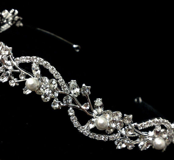 Hochzeit - Vines Bridal Tiara, Pearl Hair Jewelry, Grecian Bridal Halo, Leaves Crown, Rhinestone Crystal Headband, ADORNA