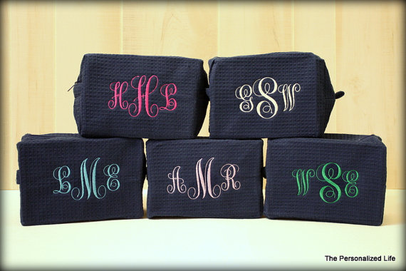 Hochzeit - Set of 5 Monogrammed Cosmetic Bags - Personalized 3 Letter Monogram Waffle Weave Make Up Bag Bridesmaid Gift Wedding Gift