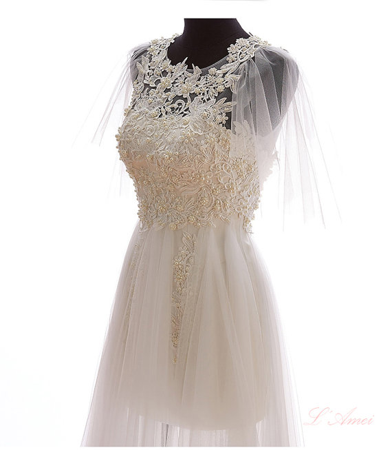 زفاف - Boho Style, short Lace wedding dress with Small shawls and Beading details, Sexy low back Long tulle  Beach Wedding Dress