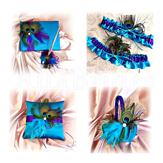 Свадьба - Turquoise and Regency Purple peacock weddings ring pillow, basket, guest book and bridal garter set
