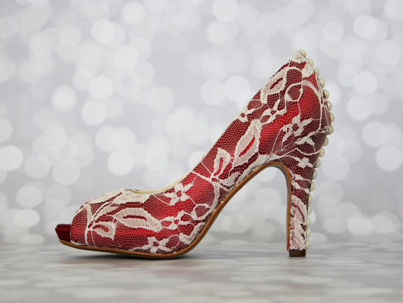 زفاف - Wedding Shoes -- Rouge Peep Toe Wedge Wedding Shoes with Ivory Lace Overlay and Pearl Buttons