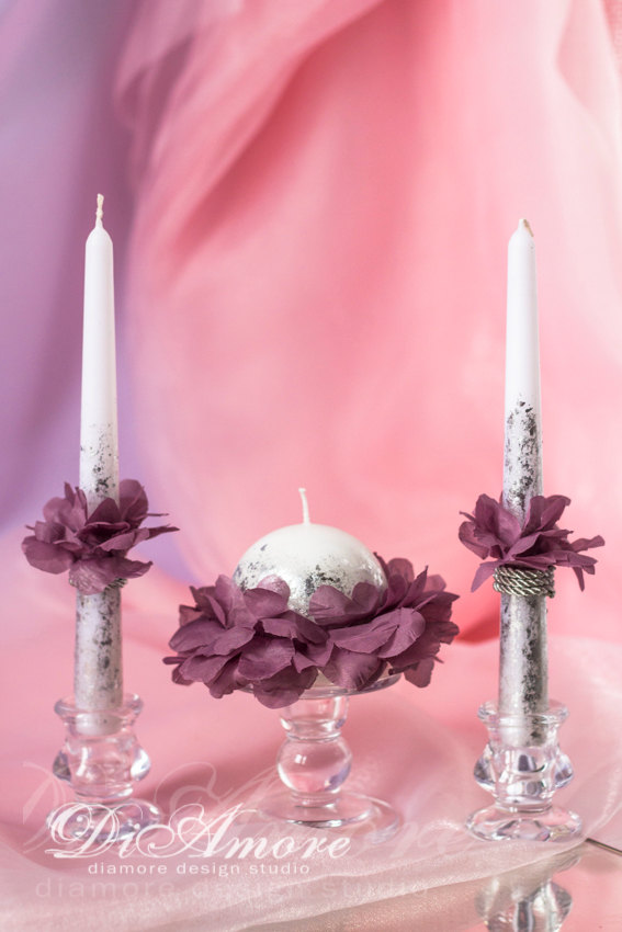 Свадьба - Wedding Unity Candle from the collection Art FlowersLilac and Silver Handmade flowerDusty RoseRomanticPurple wedding3pcs.