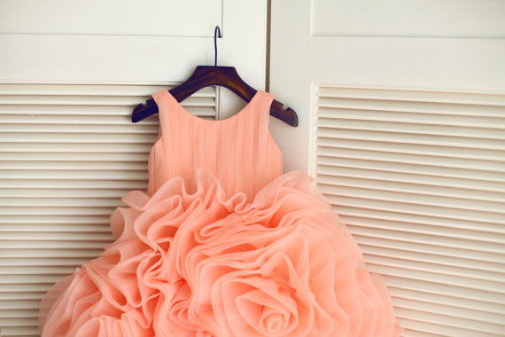 Wedding - Peach Pink Organza Ruffle Ball Gown Flower Girl Dress Children Toddler Dress for Wedding Junior Bridesmaid Dress