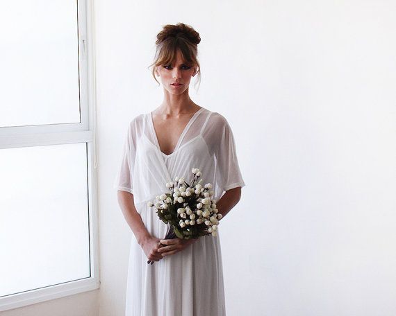 زفاف - Ivory White Chiffon Dress, Chiffon Wedding Dress, Bat Sleeves Dress , Ivory Wedding Dress , Boho Wedding Dress