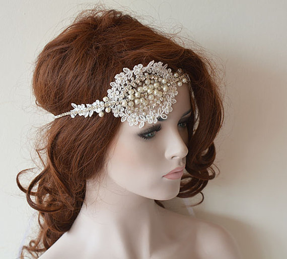 Hochzeit - Ivory Bridal Lace Headband, Rhinestone and Pearl Headpiece, Lace Bridal Headband, Bridal Hair Accessory, Wedding Hair Accessories