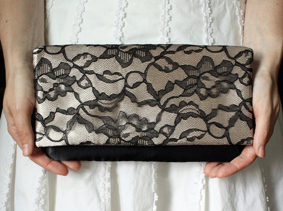 Wedding - 4 Bridesmaid Clutches - Wedding Clutch Purse - Bridesmaid Gift Idea - Personalized Wedding Gift, Champagne and Black Lace Clutches