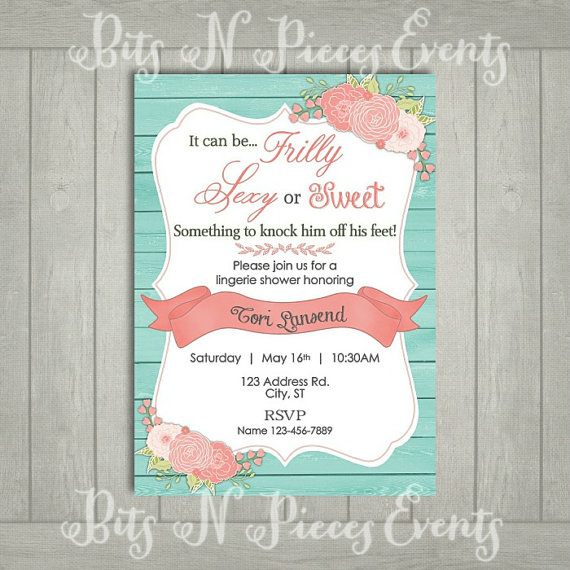 Hochzeit - Teal and Coral Lingerie Party Invitation. Lingerie Shower Invite. Barn Bridal Shower. Teal Turquoise Flower Bridal Shower and Coral