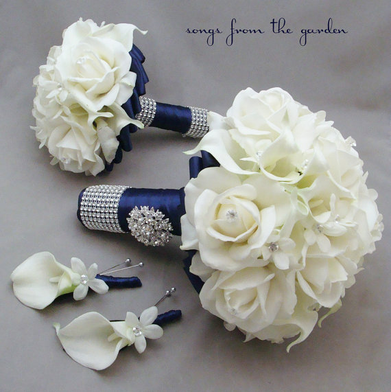 Свадьба - Reserved - Navy White Wedding Flowers Bridal Bouquet Stephanotis Real Touch Roses Calla Lily Maid of Honor Bouquet Boutonnieres Corsages