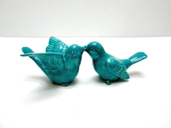 Hochzeit - Ceramic Love Birds Wedding Cake Toppers Handmade  Glazes In Aqua Fresca Ready to Ship