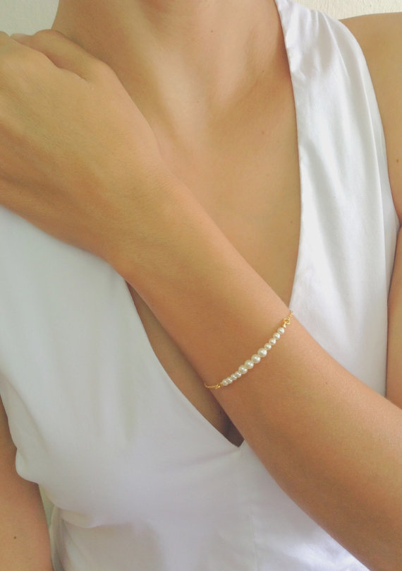 Mariage - Gold Pearls Bracelet, Gold filled Bracelet, Bridesmaid Jewelry, Bridal Jewelry, Personalized Gift, Flower Girl, Wedding Bracelet