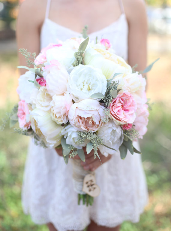Mariage - Silk Bride Bouquet Cream and Pale Pink Roses and Peonies Wildflowers Natural Bouquet Shabby Chic Vintage Inspired Rustic Wedding Keepsake