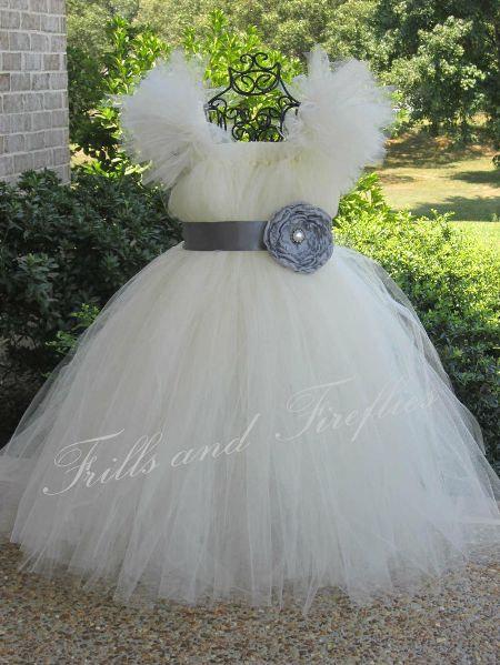 Wedding - Ivory Flower girl dress, Tutu Dress with Grey Flower Sash and Flutter Sleeves..Weddings, Parties,Sizes 18-24Mo, 2t, 3t, 4t, 5t, 6