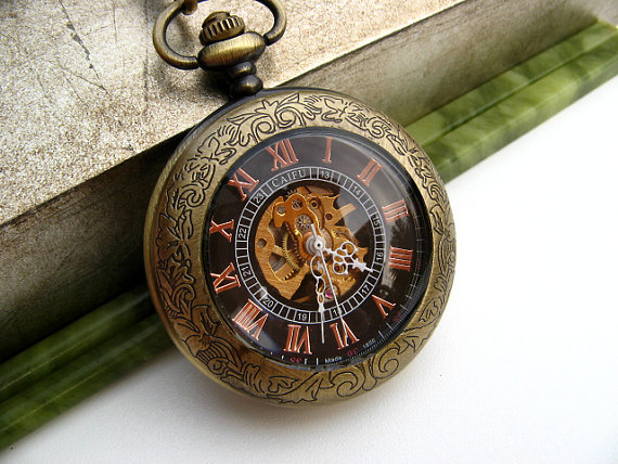 Wedding - Premium Engravable Victorian Bronze Mechanical Pocket Watch, Watch Chain, Copper Roman Numerals - Groomsmen Gift - Steampunk - Item MPW108