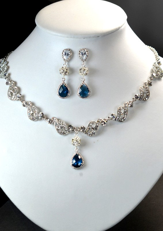 Hochzeit - Wedding Jewelry Bridesmaid Gift Bridesmaid Bridal Jewelry navy blue sapphire Pearl Drop Cubic Zirconia Earrings Necklace bracelet
