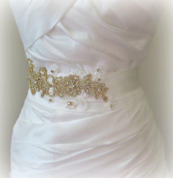 زفاف - Pale ivory and Gold Bridal Sash, Rhinestone Wedding Belt, Diamond White Crystal Bridal Belt, Gold Pearl Sash - ELENA