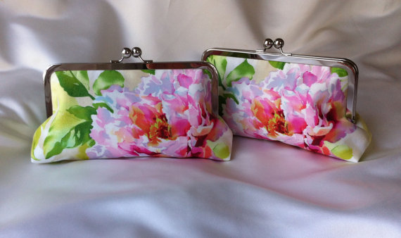 Mariage - Peony Bridesmaid Clutch Purse, Bridesmaid Gift, Wedding, personalized with handle wristlet Summer Peonies peony  Pink Green