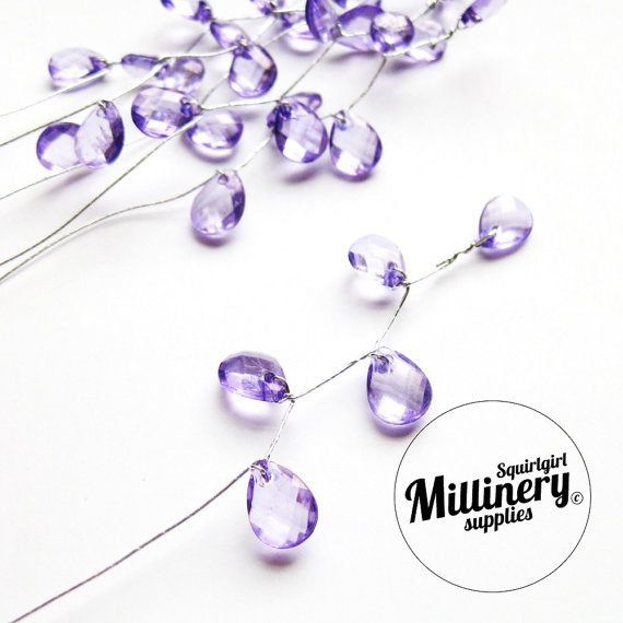زفاف - 6 Purple Acrylic Jewel Picks on Silver Wire for Millinery and Wedding Flower Bouquets