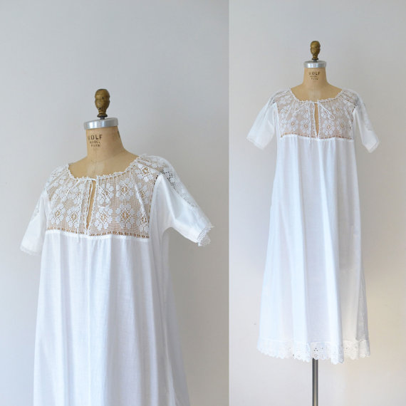 Wedding - 1910s White Cotton Nightgown / Cotton Crochet Dress