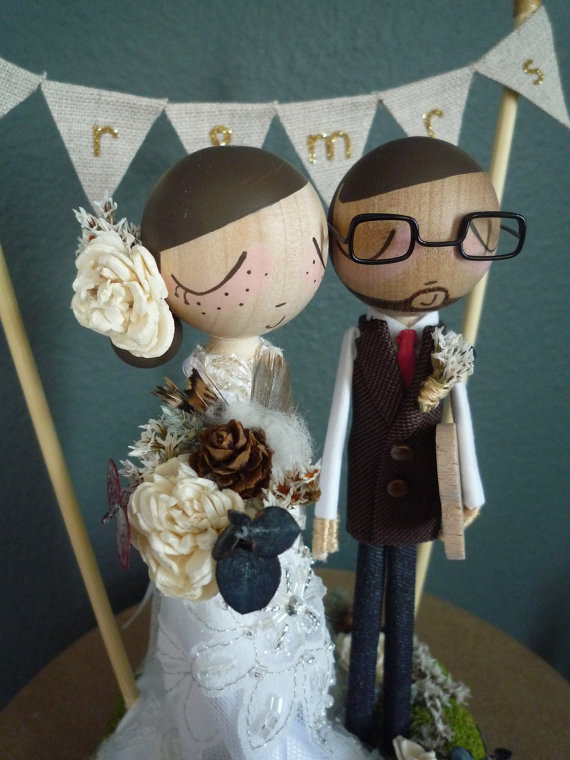 Wedding - Wedding Cake Topper with Custom Wedding Dress and Flag Bunting Background - Custom Keepsake by MilkTea