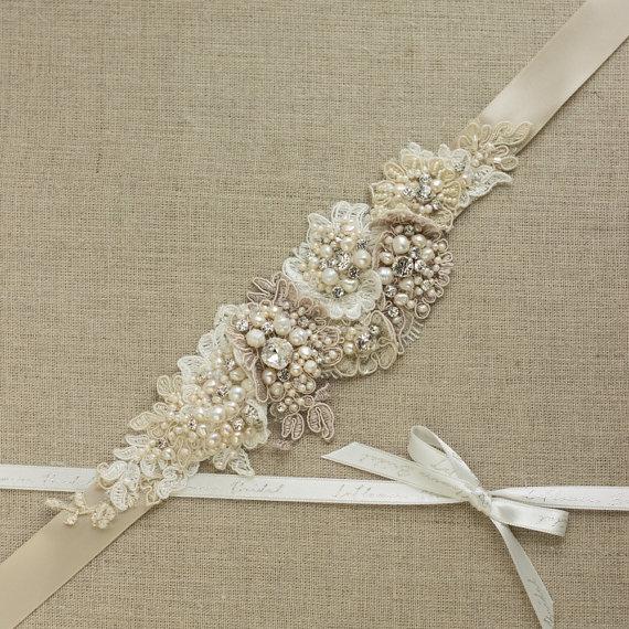 Свадьба - Wedding dress belt Bridal belt Wedding dress belts sashes Lace belt sash Thin belt sash Bridal sahes Champagne sash Floral belts sashes