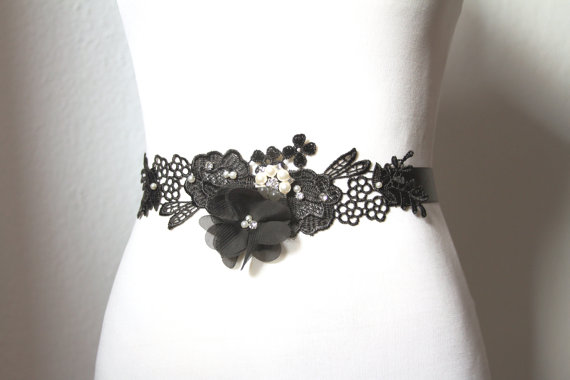 Hochzeit - Bridal Couture -  Black Sash Belt - Chiffon  Lace Flower Austrian Crystals Rhinestones - Wedding Dress Sash Belts