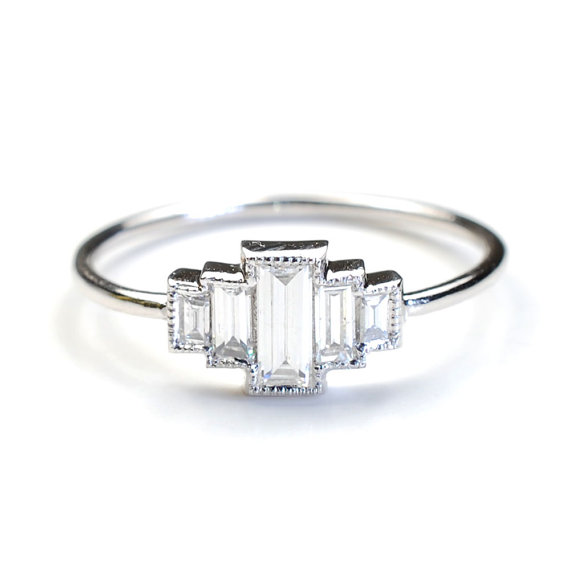 Wedding - Diamond Engagement Ring, Engagement Ring, Baguette Engagement Ring, Baguette Diamonds and White Gold, Vintage Art Deco Style Ring, Nixin
