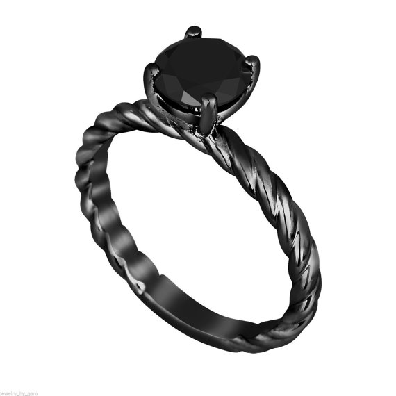 Wedding - Fancy Black Diamond Solitaire Engagement Ring Vintage Style 14K Black Gold Rope Design 1.05 Carat  VVS1 HandMade