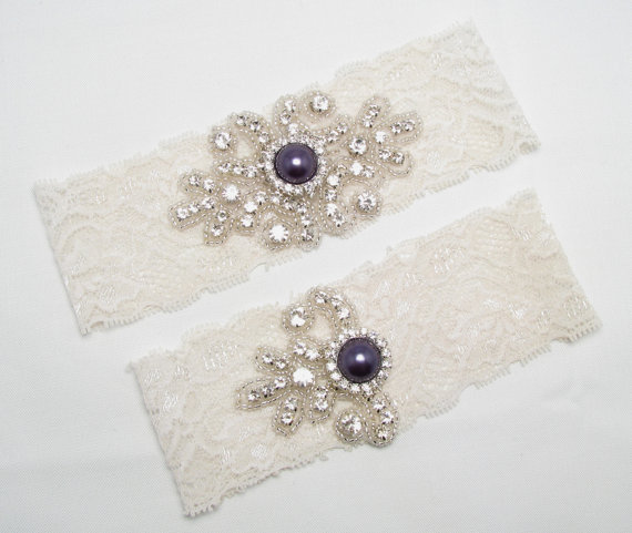 Wedding - Crystal Rhinestone Wedding Garter Belt, Lace Bridal Garter, Keepsake / Toss Garter Set, Dark Purple Garter Set, Ivory / White Custom Garter