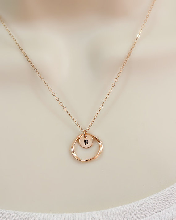 Wedding - Personalized Rose Gold Initial Necklace, Circle Necklace, Friendship Necklace, wedding jewelry, bridal jewelry, Rose gold jewelry,