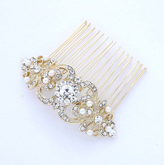 Hochzeit - Gold Hair Comb Crystal Pearl Bridal Hair Piece Wedding Jewelry Rhinestone Gold Hair Combs Gatsby Old Hollywood Bridal Headpiece