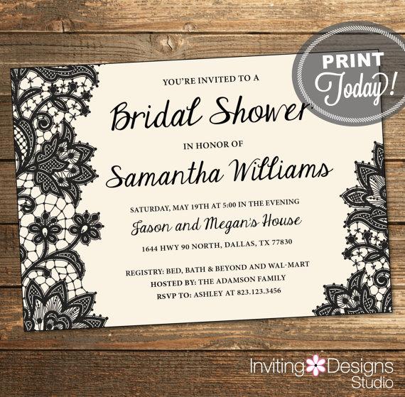 Mariage - Wedding Shower Invitation, Bridal Shower Invitation, Lace, Black, Cream Background, Printable File (Custom Order, INSTANT DOWNLOAD)