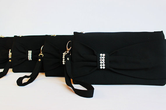 Hochzeit - Promotional sale   - SET OF 5  -Black Bow wristelt clutch,bridesmaid gift ,wedding gift ,make up bag,zipper- yellow