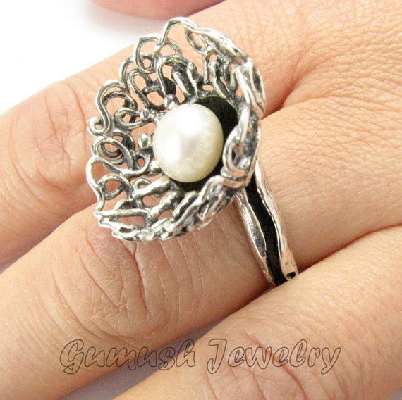 Wedding - Filigree Flower 925 Sterling Silver Promise Ring, Freshwater Pearl Engagement Ring, White Poppy Flower Pearl Cocktail Ring, Sizable