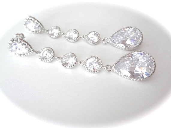 Hochzeit - Long Cubic Zirconia earrings ~ Clear ~ Sterling silver posts ~ Bridal jewelry ~ Lux ~ Statement earrings ~ Formal ~ STUNNING