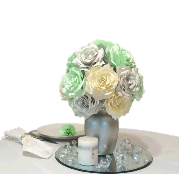 Hochzeit - Mint Green silver and ivory reception table Centerpieces, Mint green paper floral decor, Bridal shower decorations, Baby shower floral decor