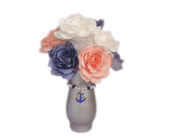 Hochzeit - Navy blue, coral and white paper floral arrangment in a silver vase with anchor pendant, Artificial floral centerpiece, Reception decor
