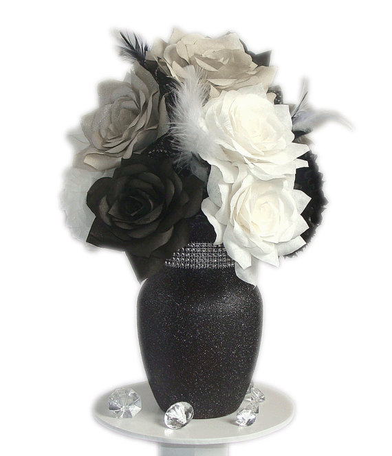 Wedding - Black and white Centerpiece, Black & white Wedding decor, Fake flower Decor, Home Decor, bridal shower decor, Silk flowers, Paper Flowers