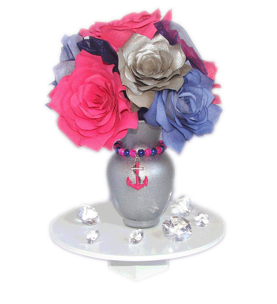 Mariage - Hot Pink Anchor Wedding Centerpiece, Navy Blue Bridal shower decor, Baby shower decor, Faux floral decor, Quinceanera Decor, Anchor decor