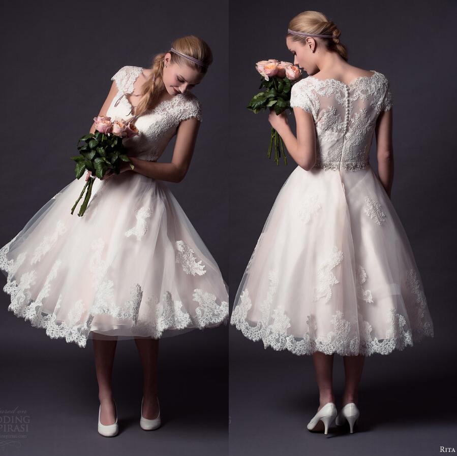 Wedding - Rita Mae 2015 New Short Wedding Dresses Applique And Lace Beaded Sash V-Neck Short Sleeve High-quality Beautiful Tea-length Dress Online with $97.91/Piece on Hjklp88's Store 