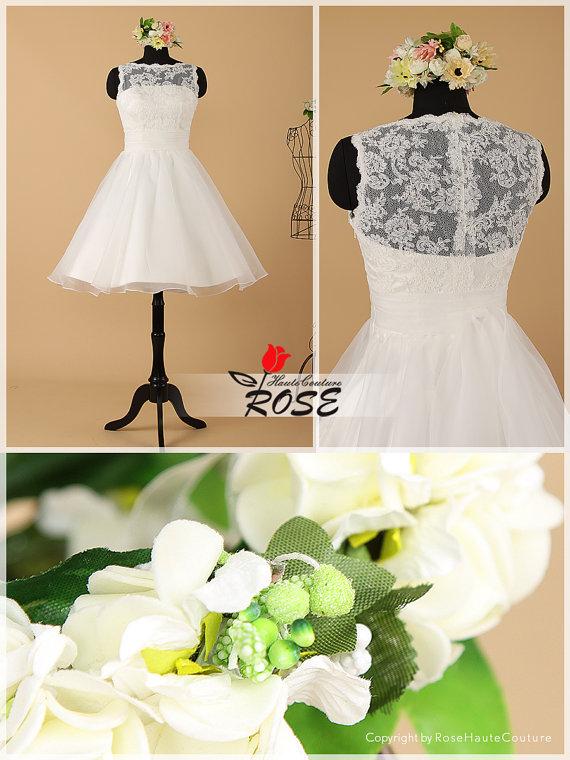 Wedding - Knee Length Lace Wedding Dress with Organza Skirt and Back Bowknot Style WD066