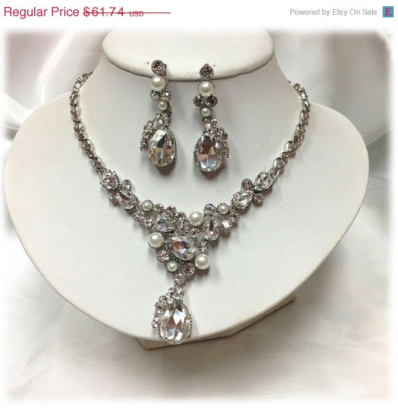 زفاف - Bridal jewelry set, Wedding jewelry, back drop necklace earrings, pearl necklace, crystal necklace, bridesmaid jewelry set