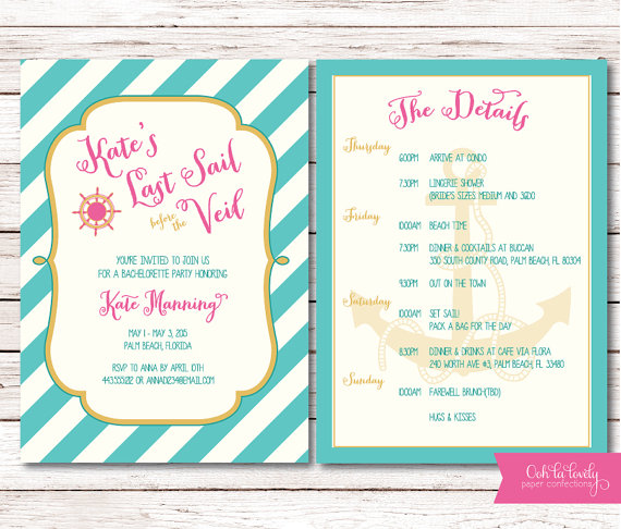 Mariage - Bachelorette Weekend Itinerary, Beach Weekend, Girls Weekend, Bachelorette Party Invitation, Last Sail before the Veil, Nautical