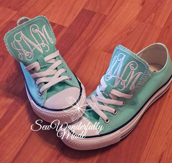 Mariage - Monogrammed Mint Converse, Monogrammed Wedding Day Shoes, Beach Glass Mint Converse, Personalized Shoes, Monogrammed Converse, Bridal Party
