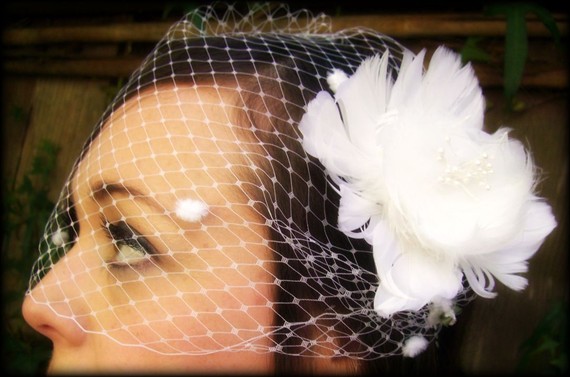 Wedding - Bridal white birdcage veil bandeau with chenille dots 9 inch retro