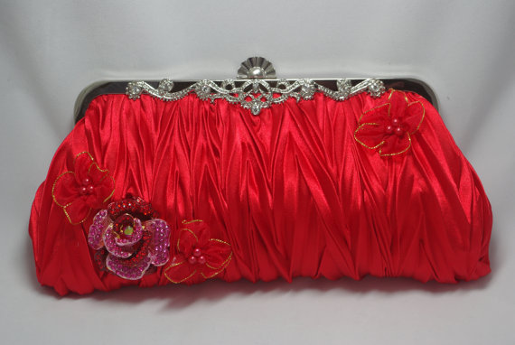 Mariage - Red Crystal Rose Handbag - Crystal Wedding Clutch - Red Satin Formal Evening Clutch - Clutch With Flowers - Red Bridesmaid Clutch