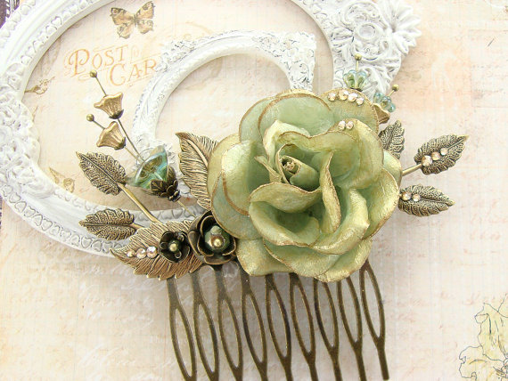 Mariage - Ethereal Teal Flower Hair Comb - Hand Painted Swarovski Bronze Bridal Hair Accessories - Aqua Gold Woodland Fairy Wedding Vintage Style Comb