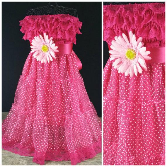 Hochzeit - Girls Strapless Hot Pink Dress // Hot Pink Strapless Flower Girl Dress // Toddlers Embellished Dress // Attached Sash