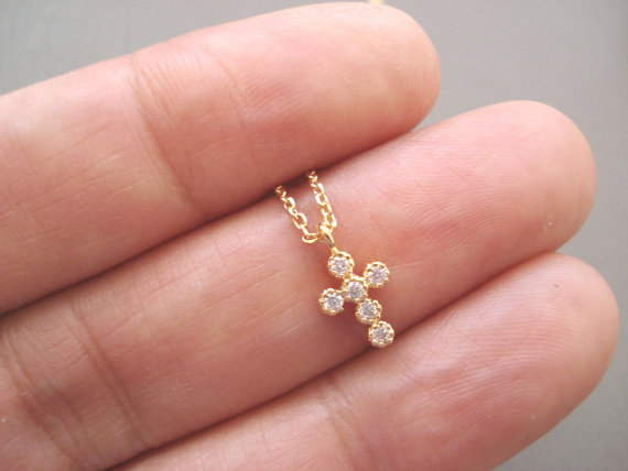 Wedding - Tiny gold minimalist cross necklace..simple everyday, bridal jewelry,  religious jewelry, wedding, bridesmaid gift