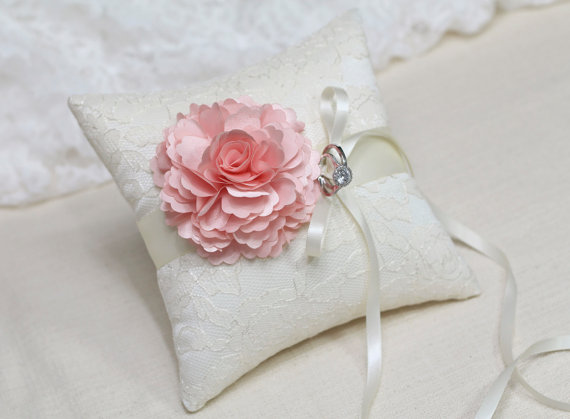Hochzeit - Wedding Ring Pillow - Light Pink Bloom on Cream lace Ring Pillow, wedding ring bearer pillow